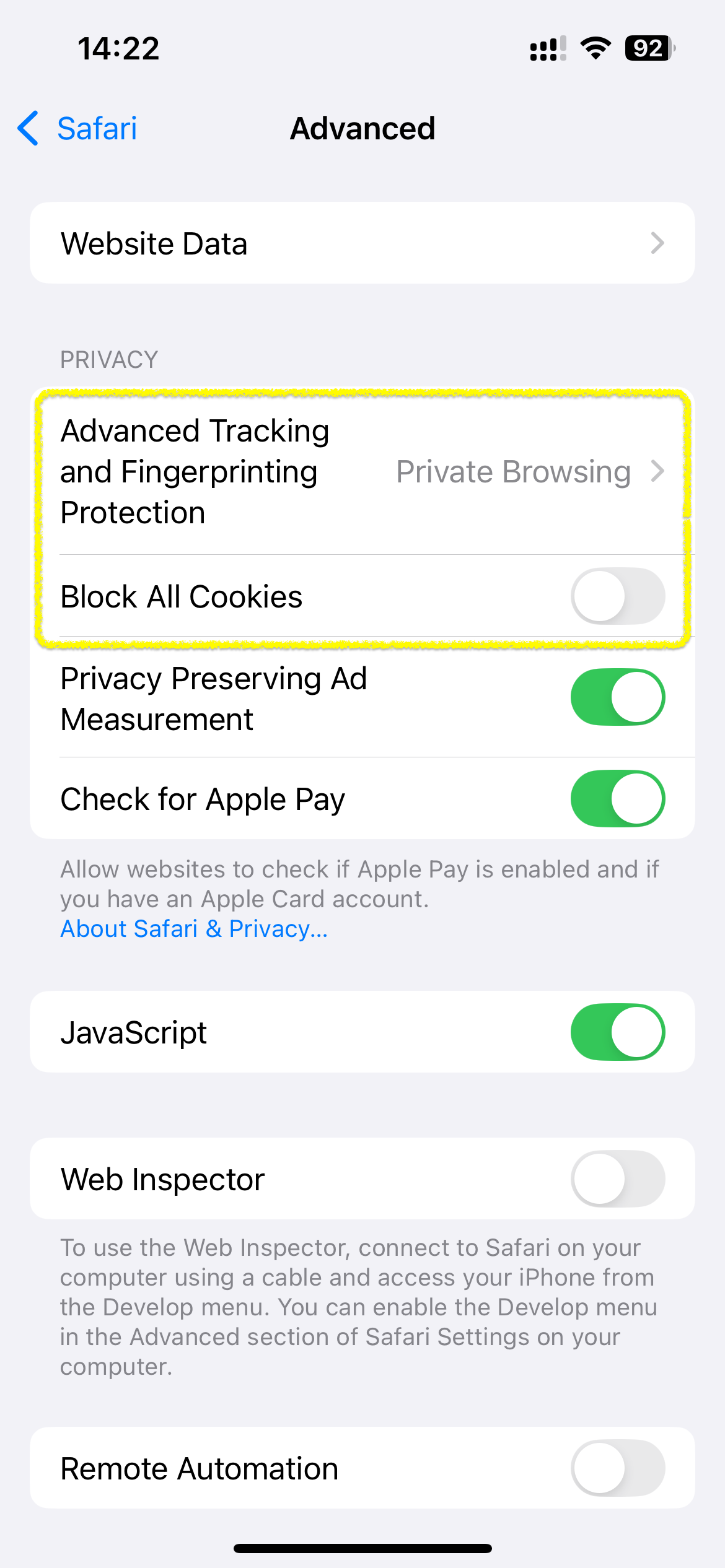 Safari advanced privacy settings