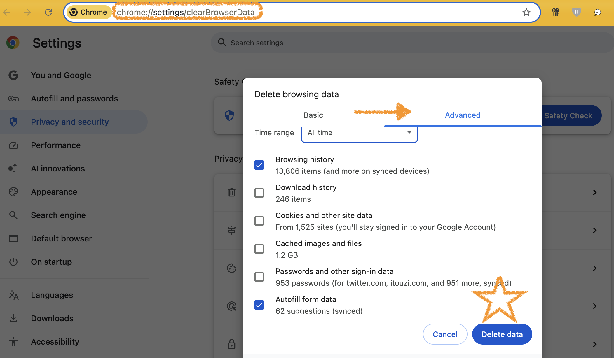 Chrome Delete browsing data