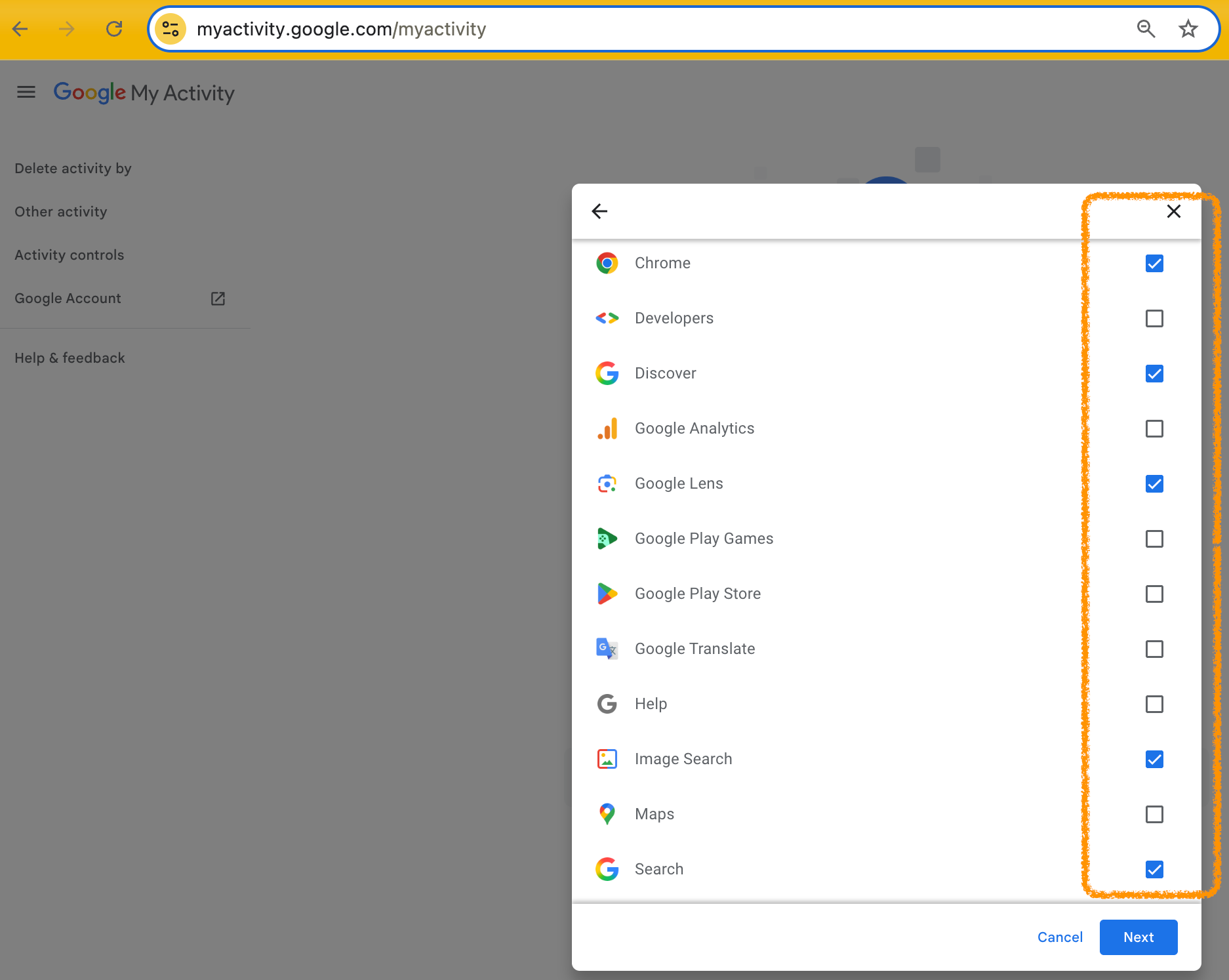 Choose activity to delete