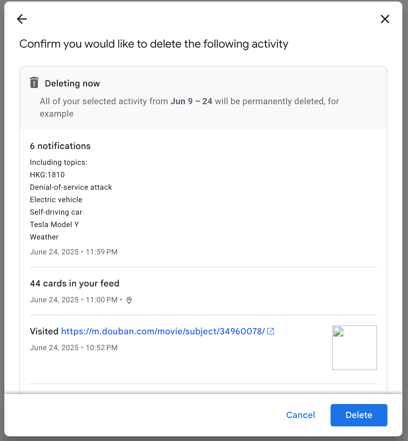 Confirm to delete google activity