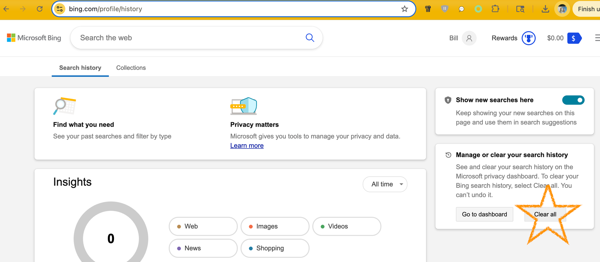 Bing delete search history
