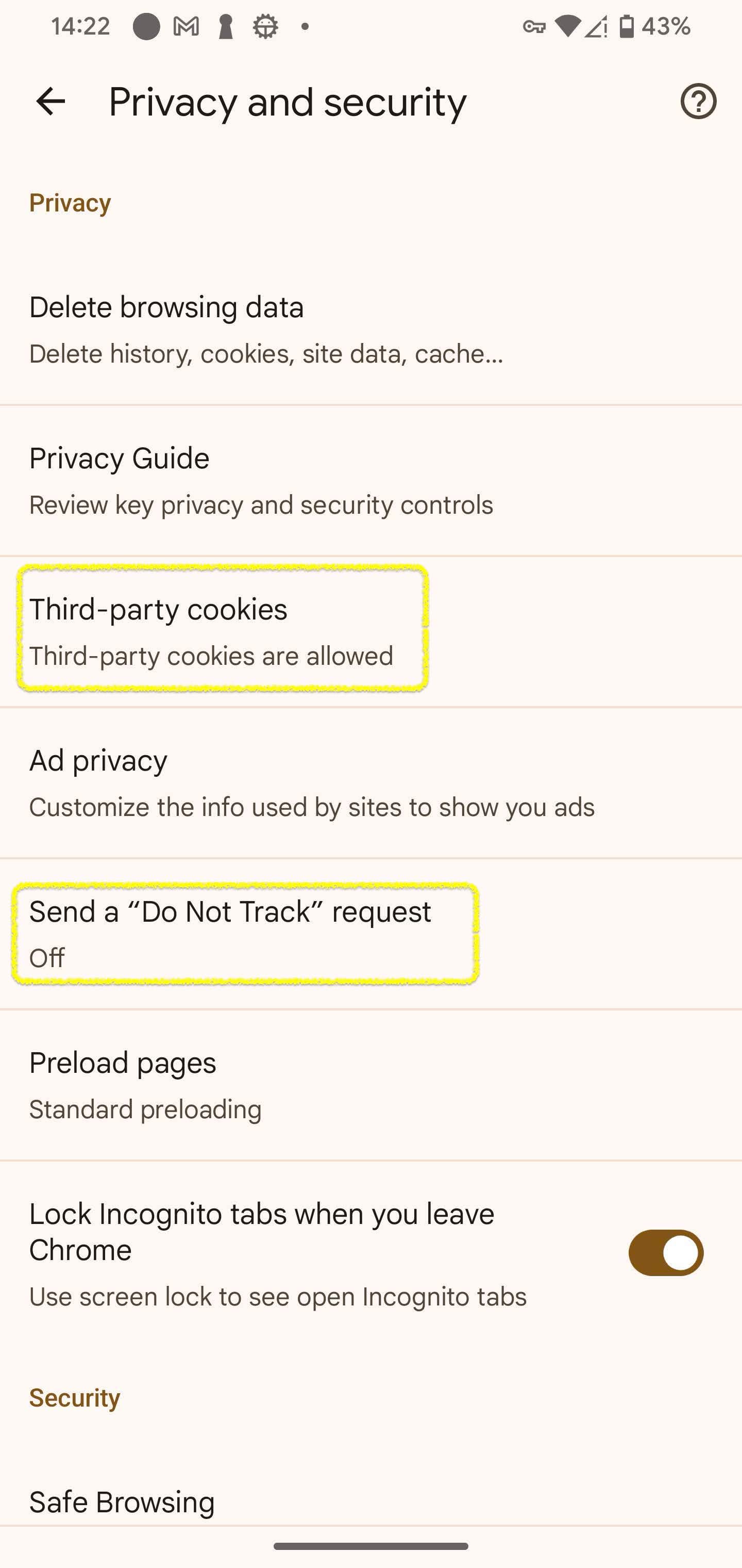 Chrome advanced privacy settings