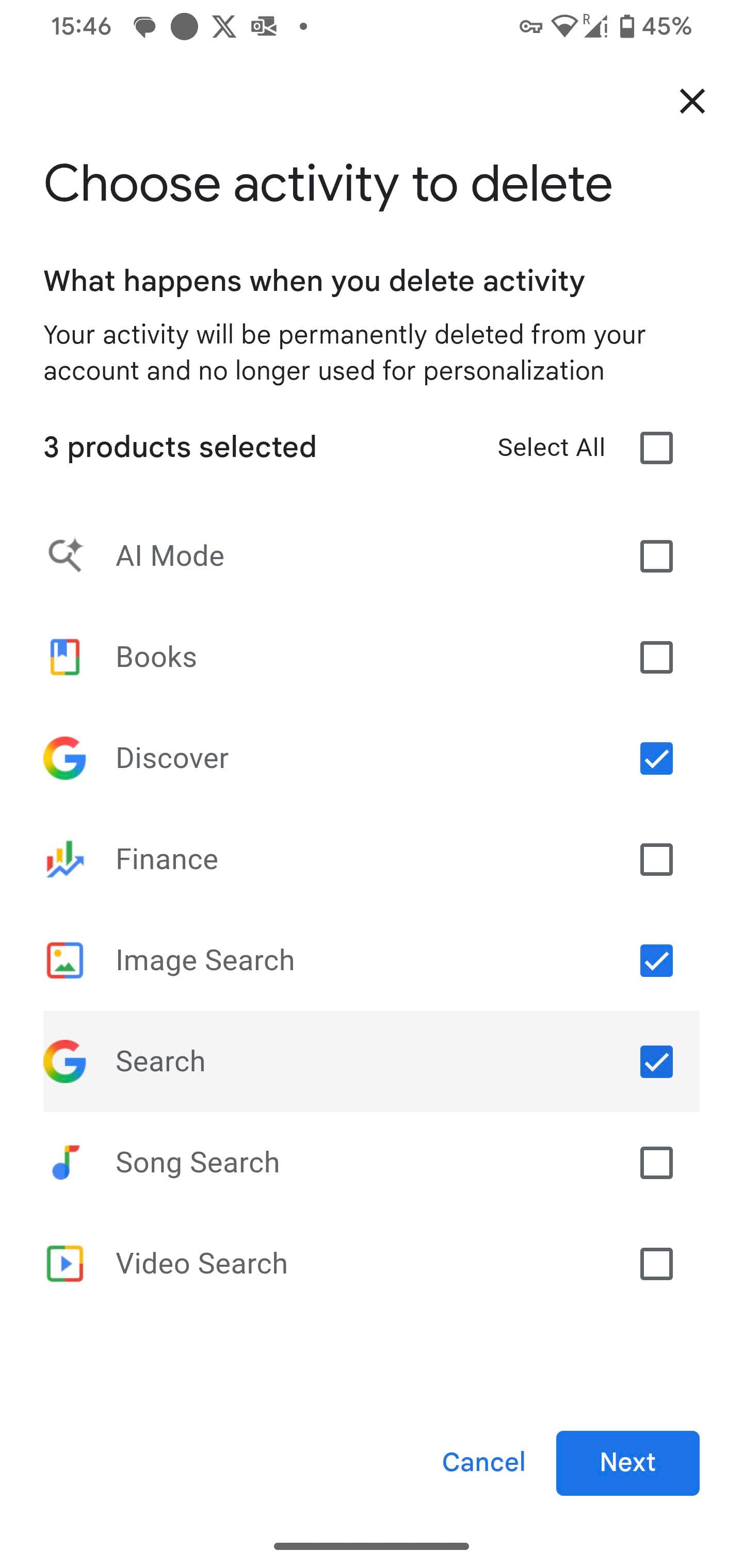 Choose activity to delete on Google App 