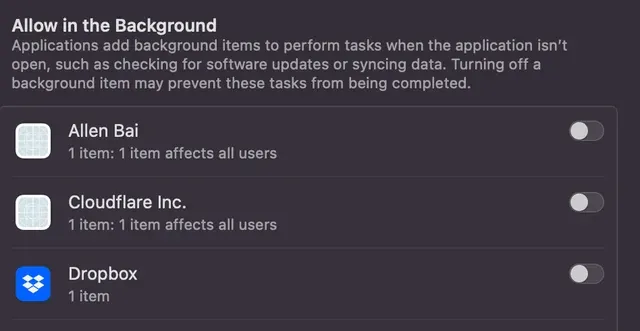 MacOS Settings Allow in the Background