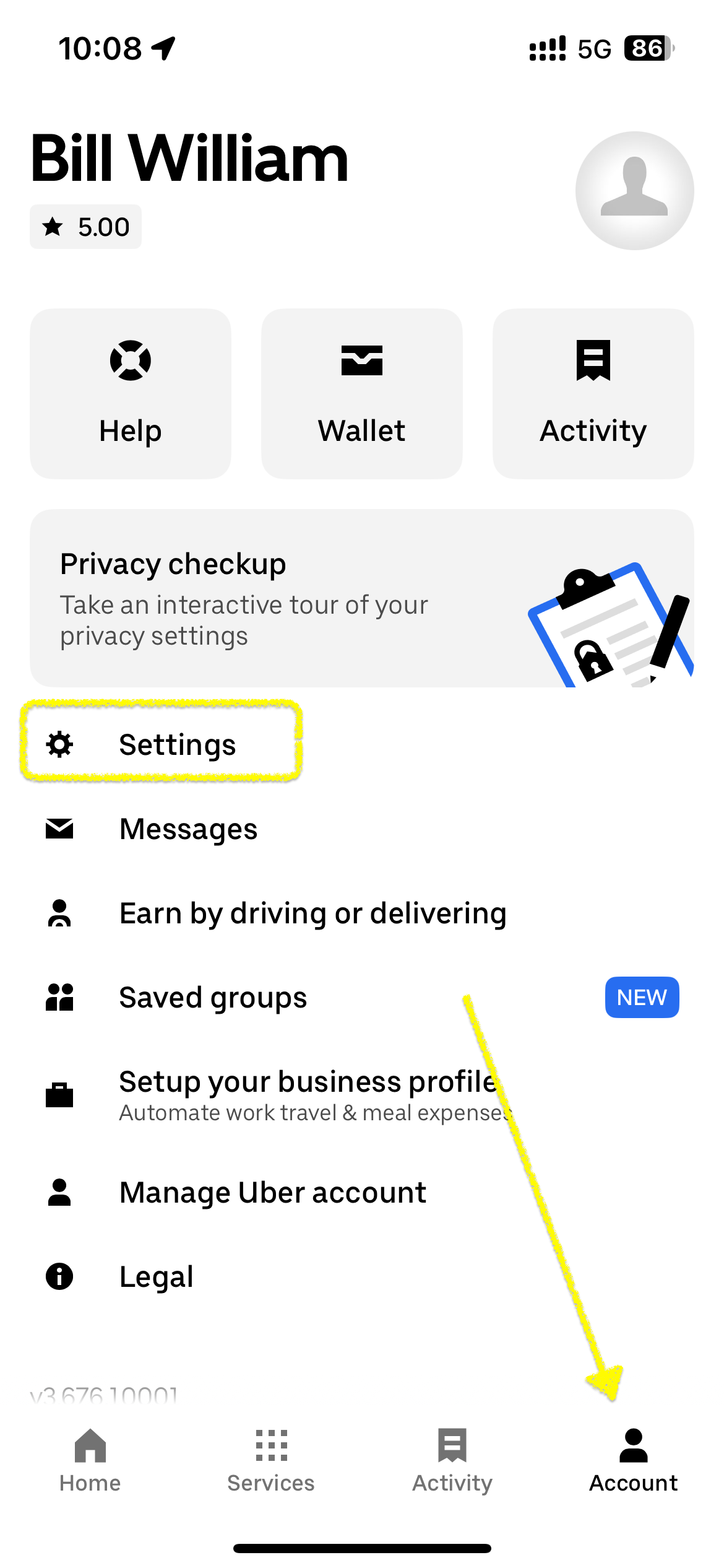 Uber iPhone app Account Settings