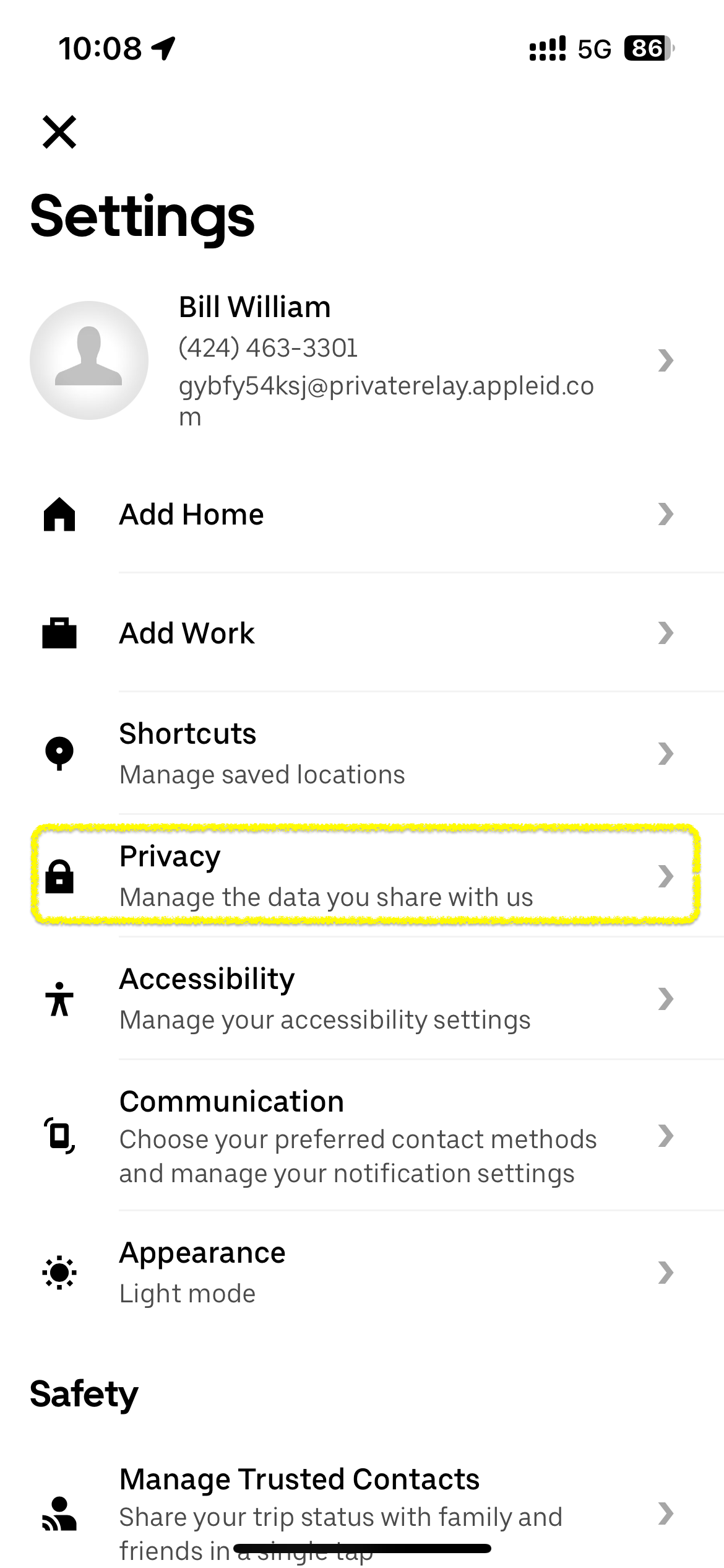 Uber iPhone app Account Settings