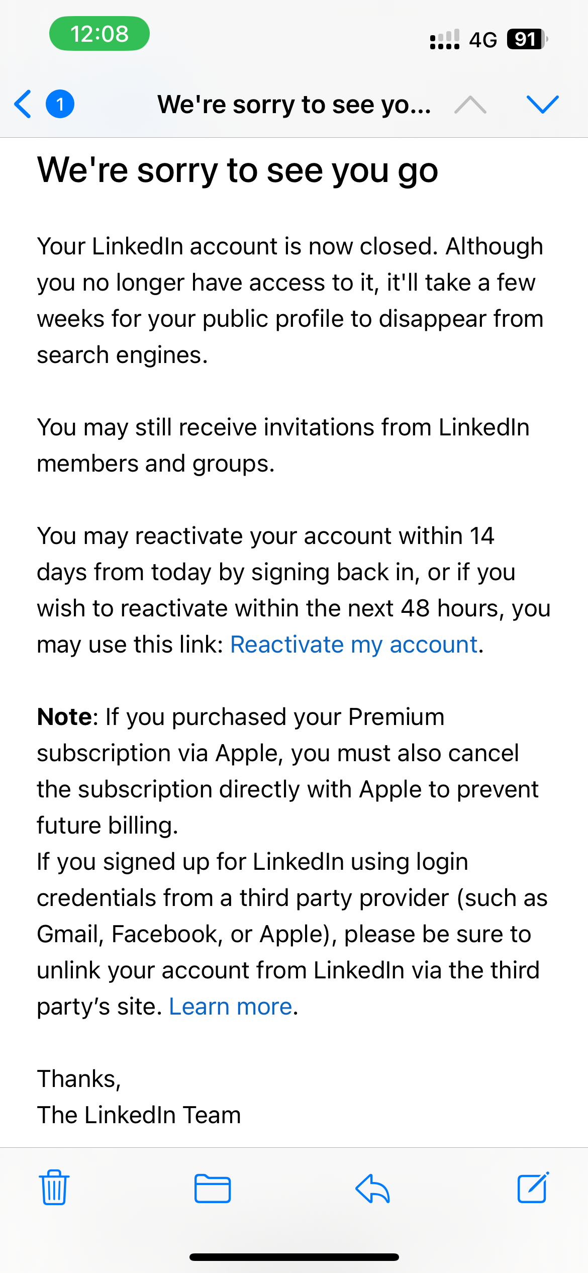 Linkedin "sorry to see you go" email