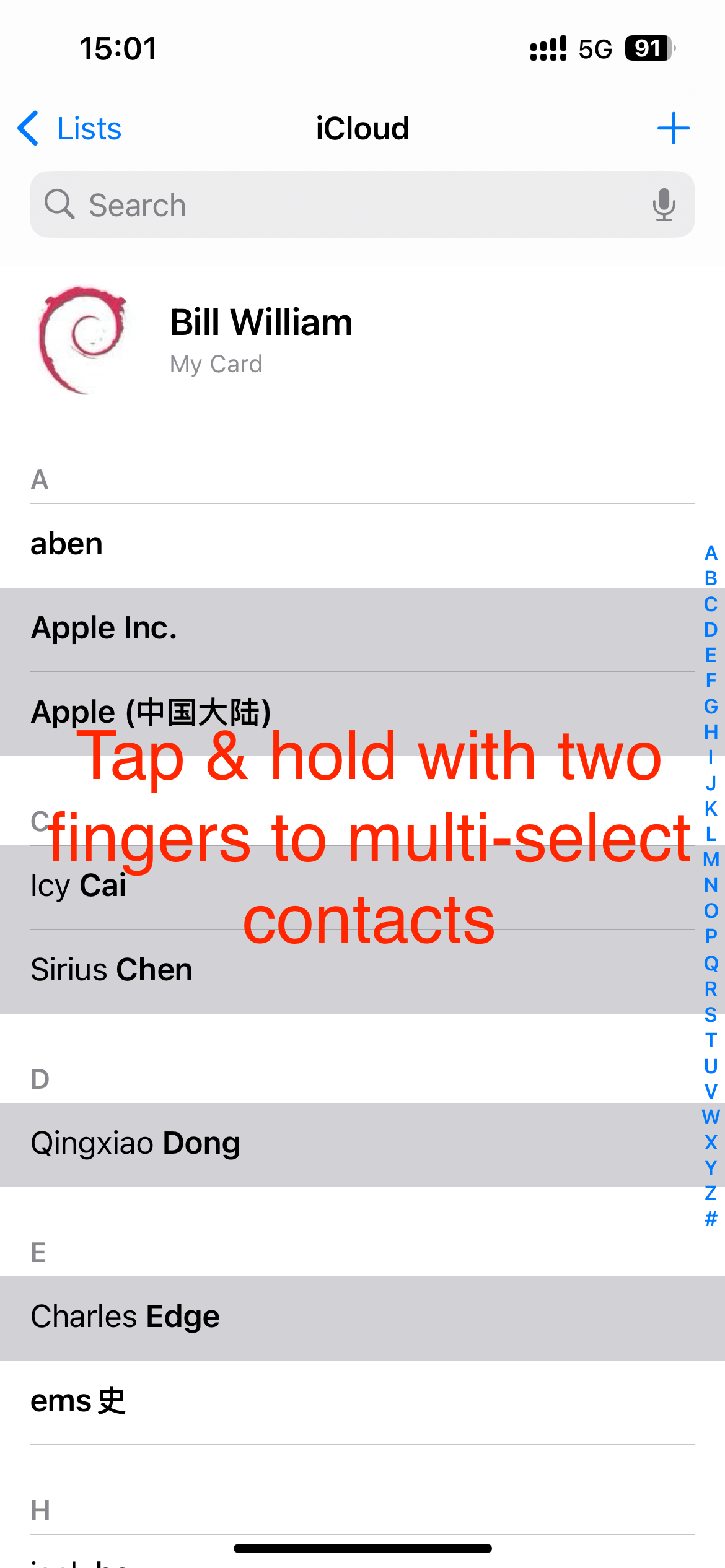 Tap & hold with two fingers to multi-select contacts