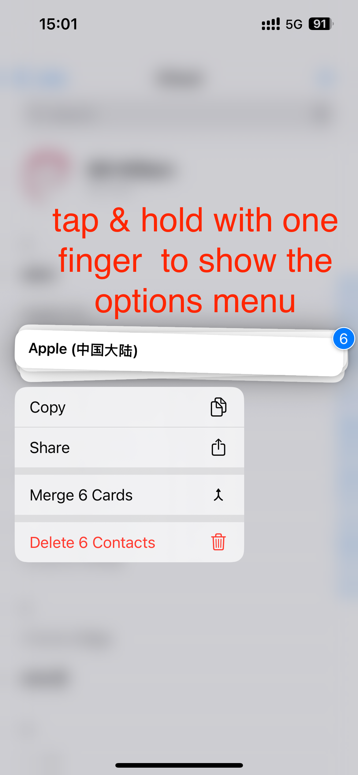 tap & hold with one finger  to show the options menu