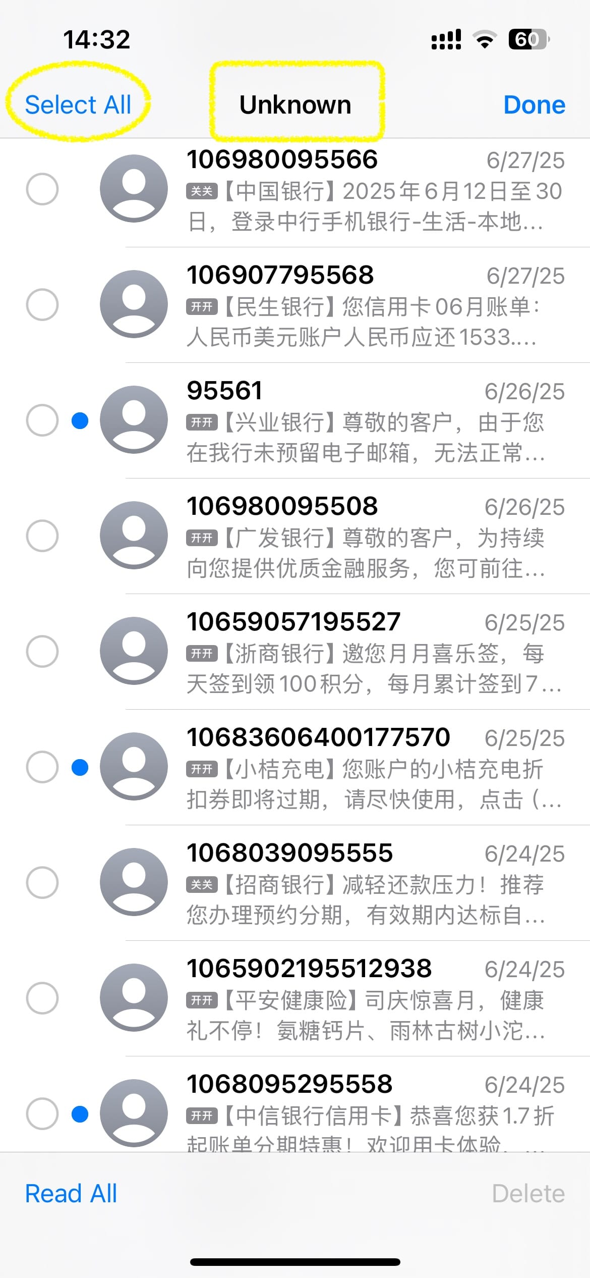 iPhone Select All messages from Unknown Sender.
