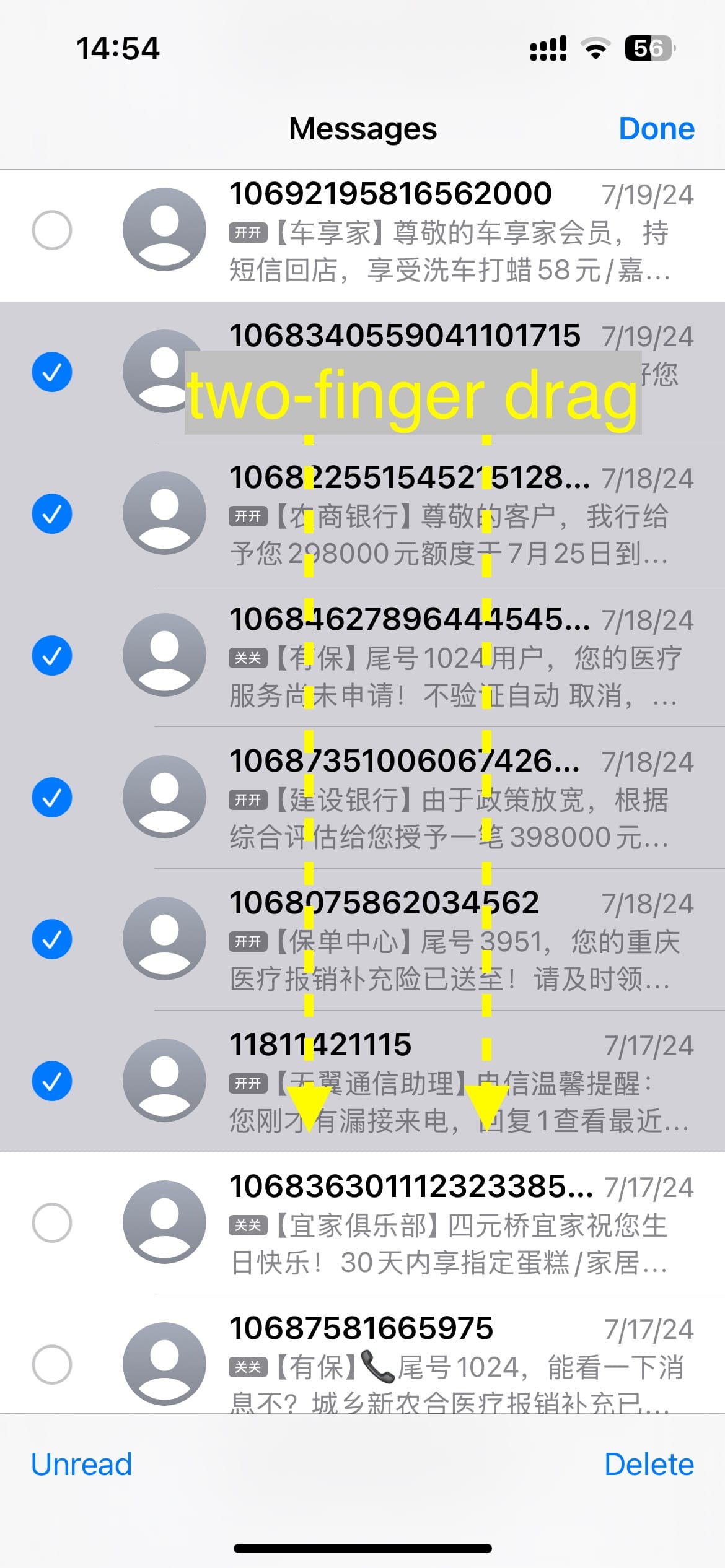 two-finger drag to bulk select messages on iPhone