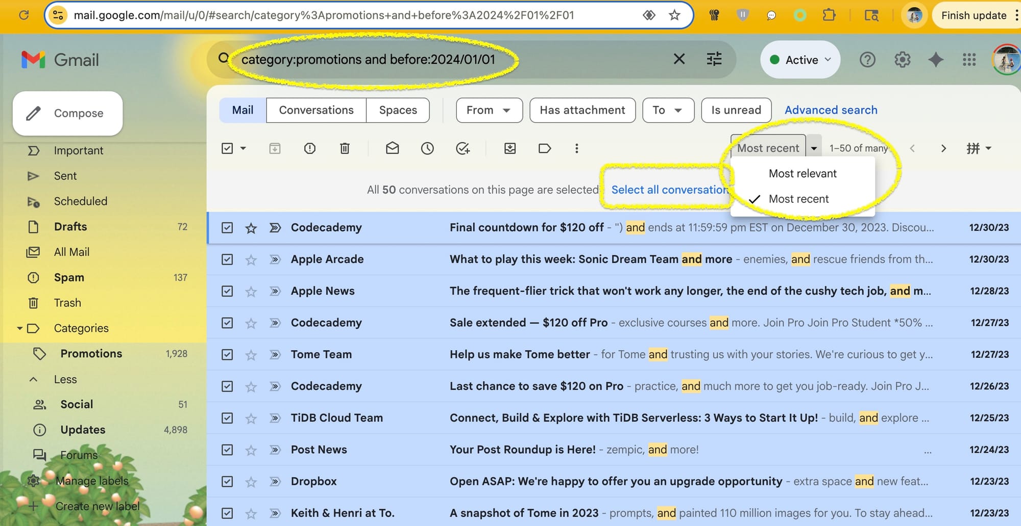Gmail Operators search and bulk selection