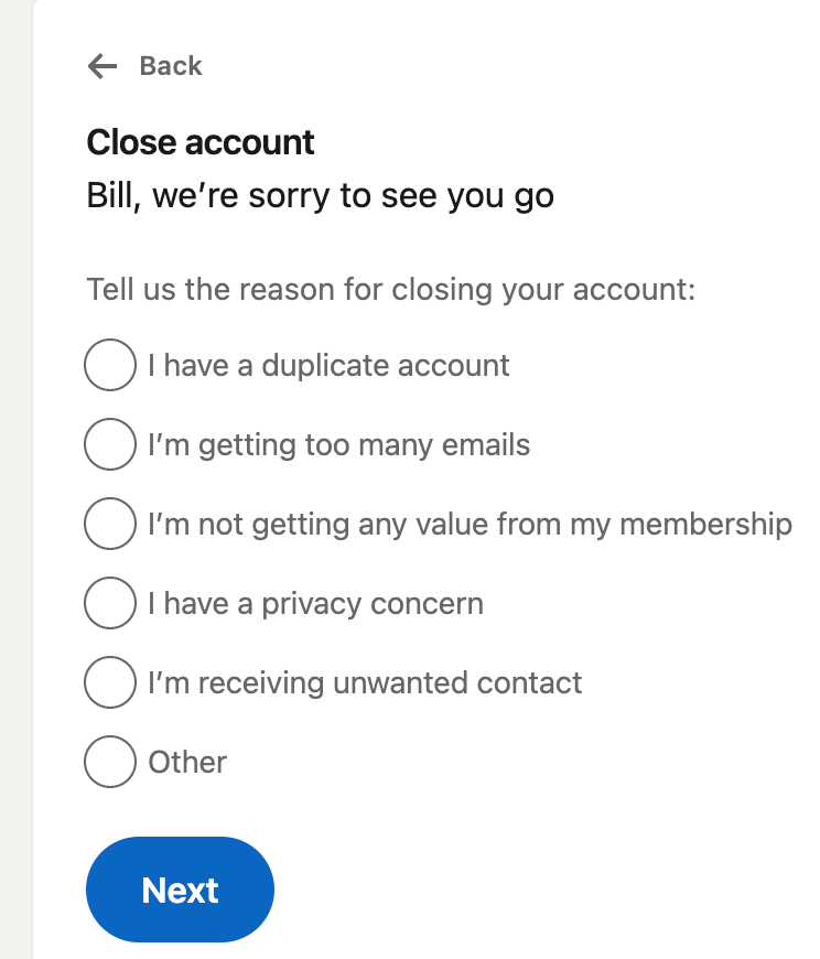 Linkedin Close Account reasons