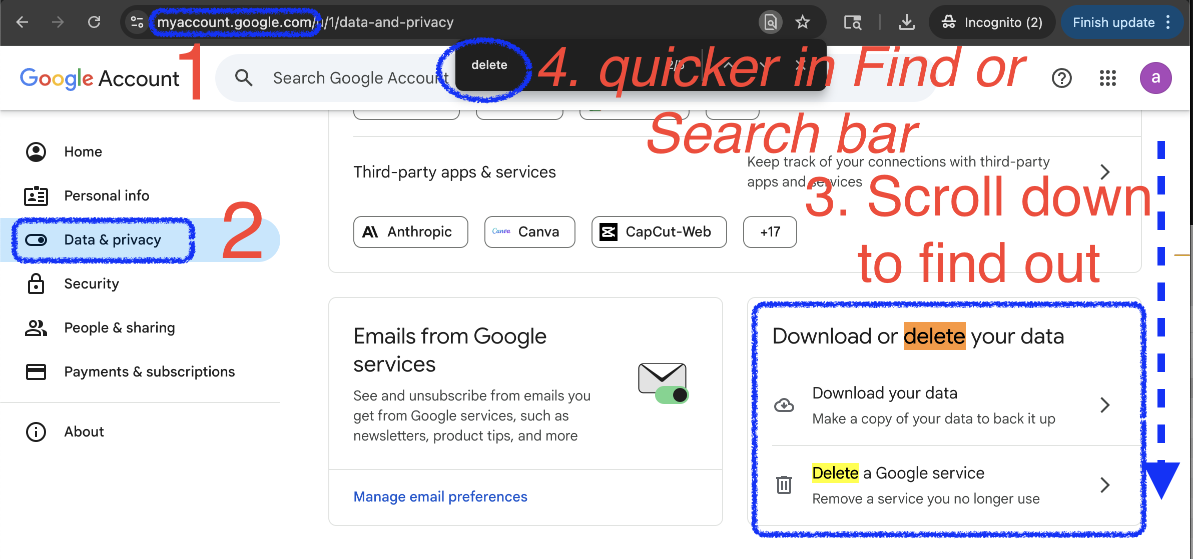 Google settings to delete a service