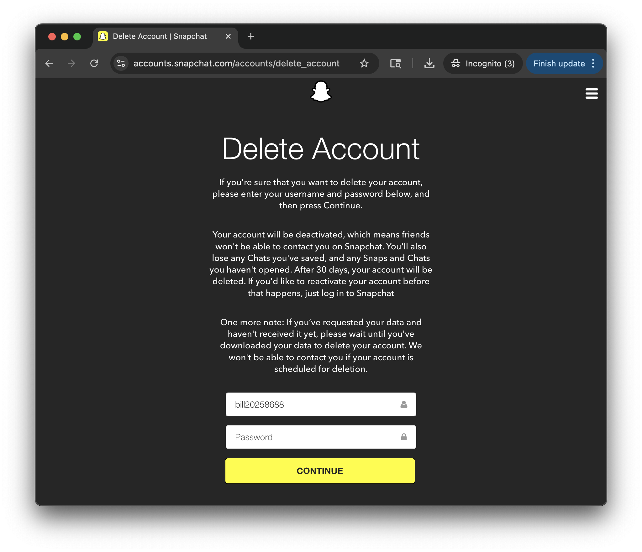 Delete your snapchat account with direct link from browser