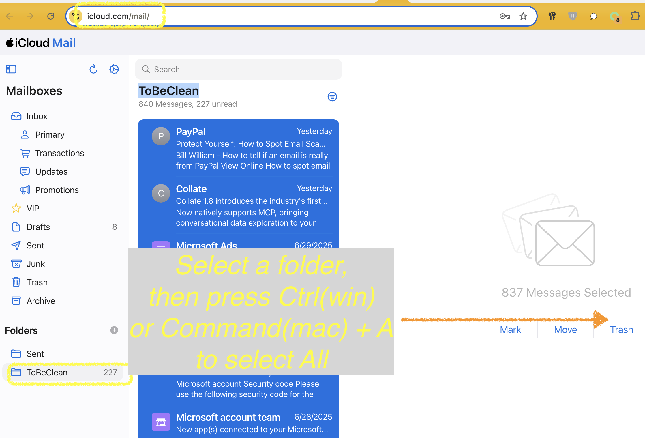 Delete multiple icloud emails from browser