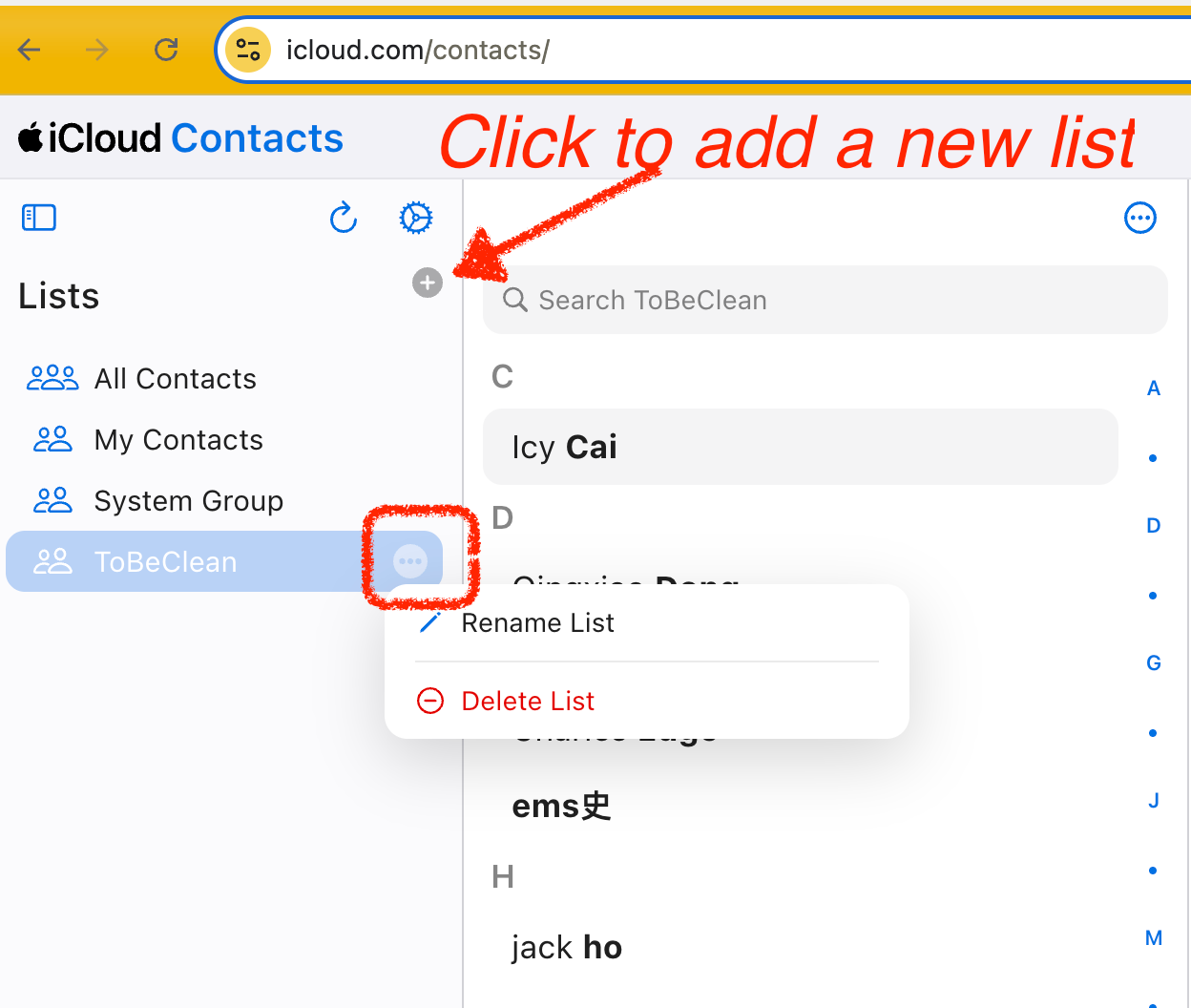 delete multiple contacts using a new list