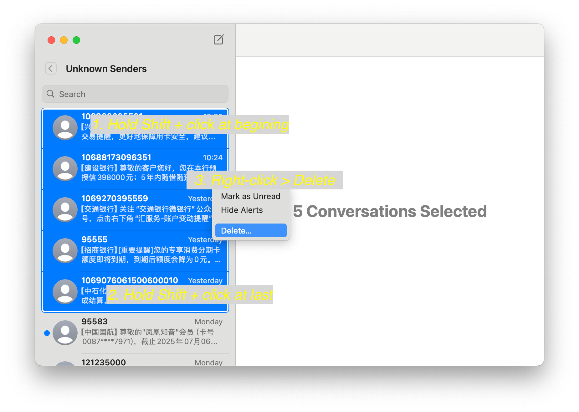 select & delete multiple messages on Macbook