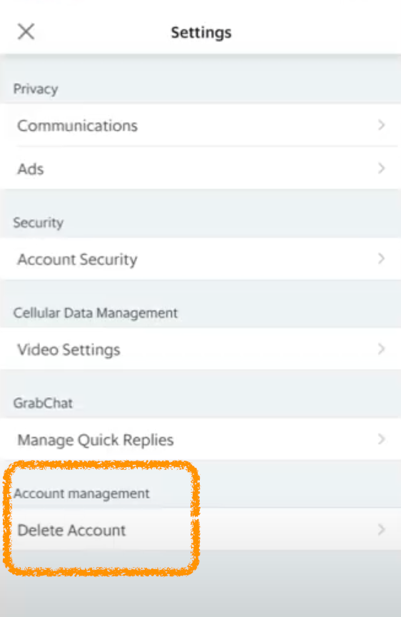  grab settings to delete account