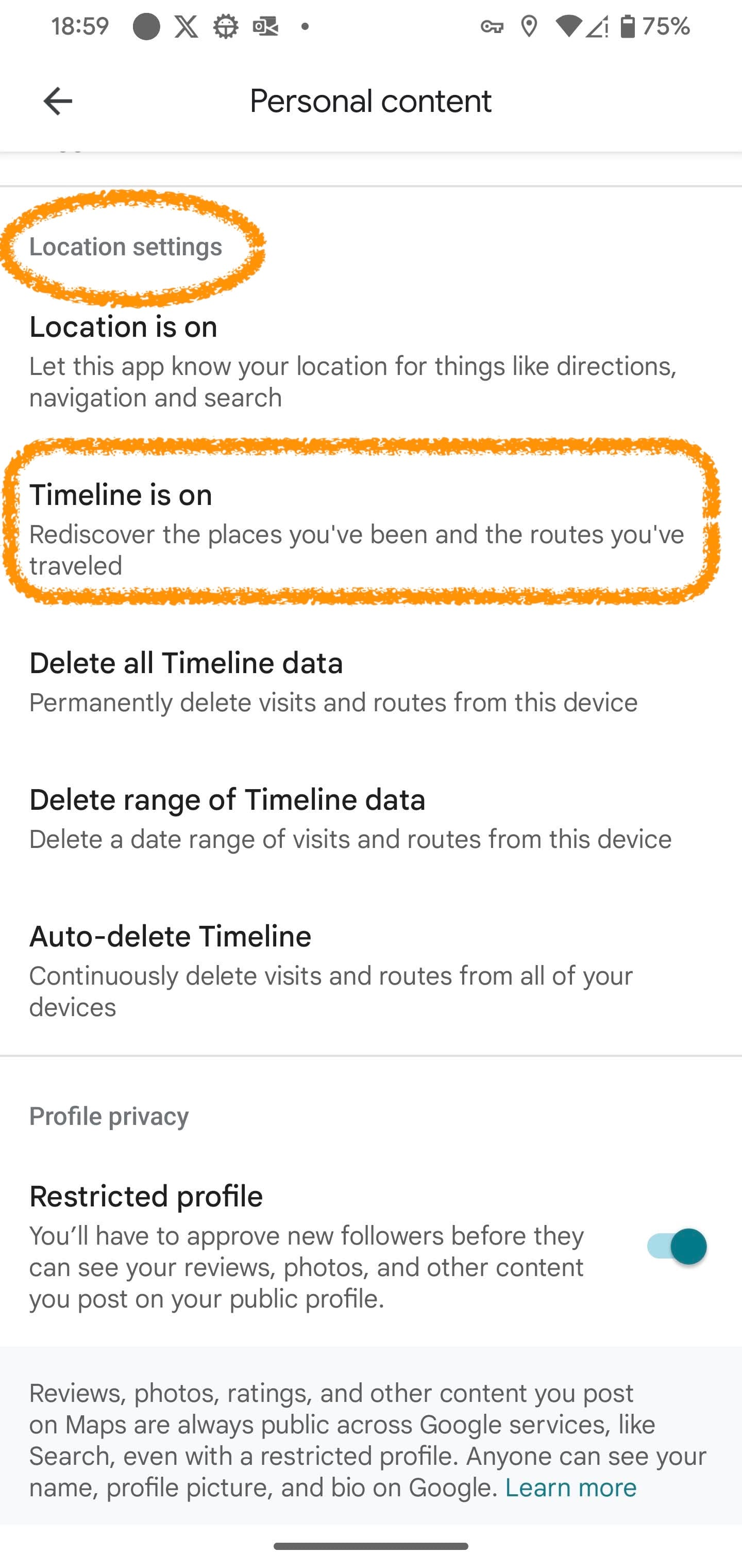 Google maps timeline location settings